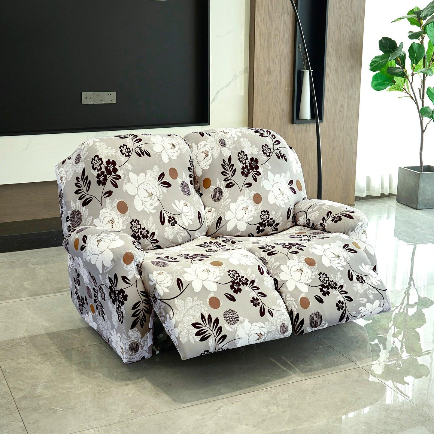 2 seater Feather Brown colour Floral Print elastic stretchable polyester recliner sofa cover