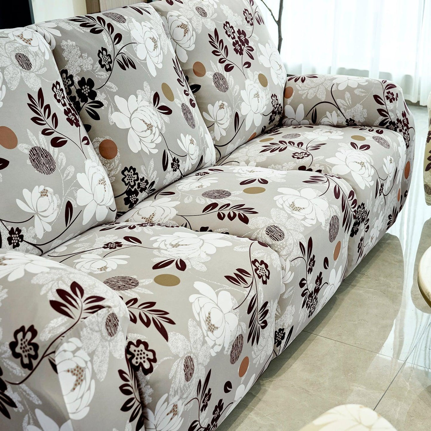 Stylish three seater Feather Brown colour Floral Print elastic stretchable polyester recliner cover