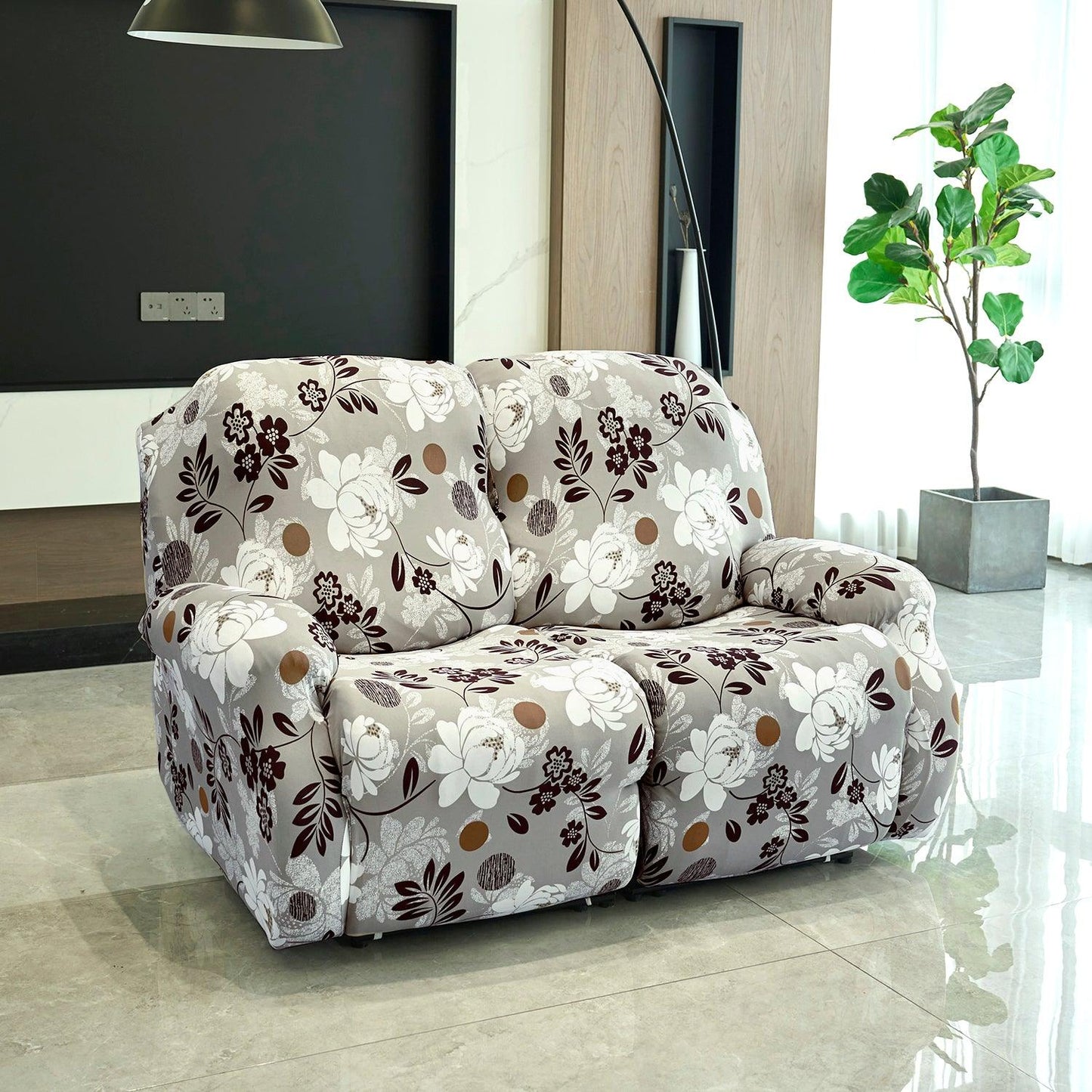 two seater Feather Brown colour Floral Print elastic stretchable polyester recliner cover