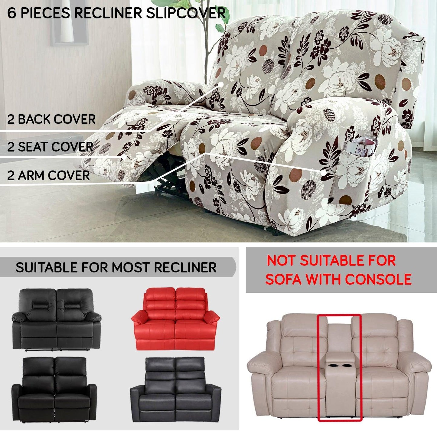 2 seater Feather Brown colour Floral Print elastic stretchable polyester recliner cover