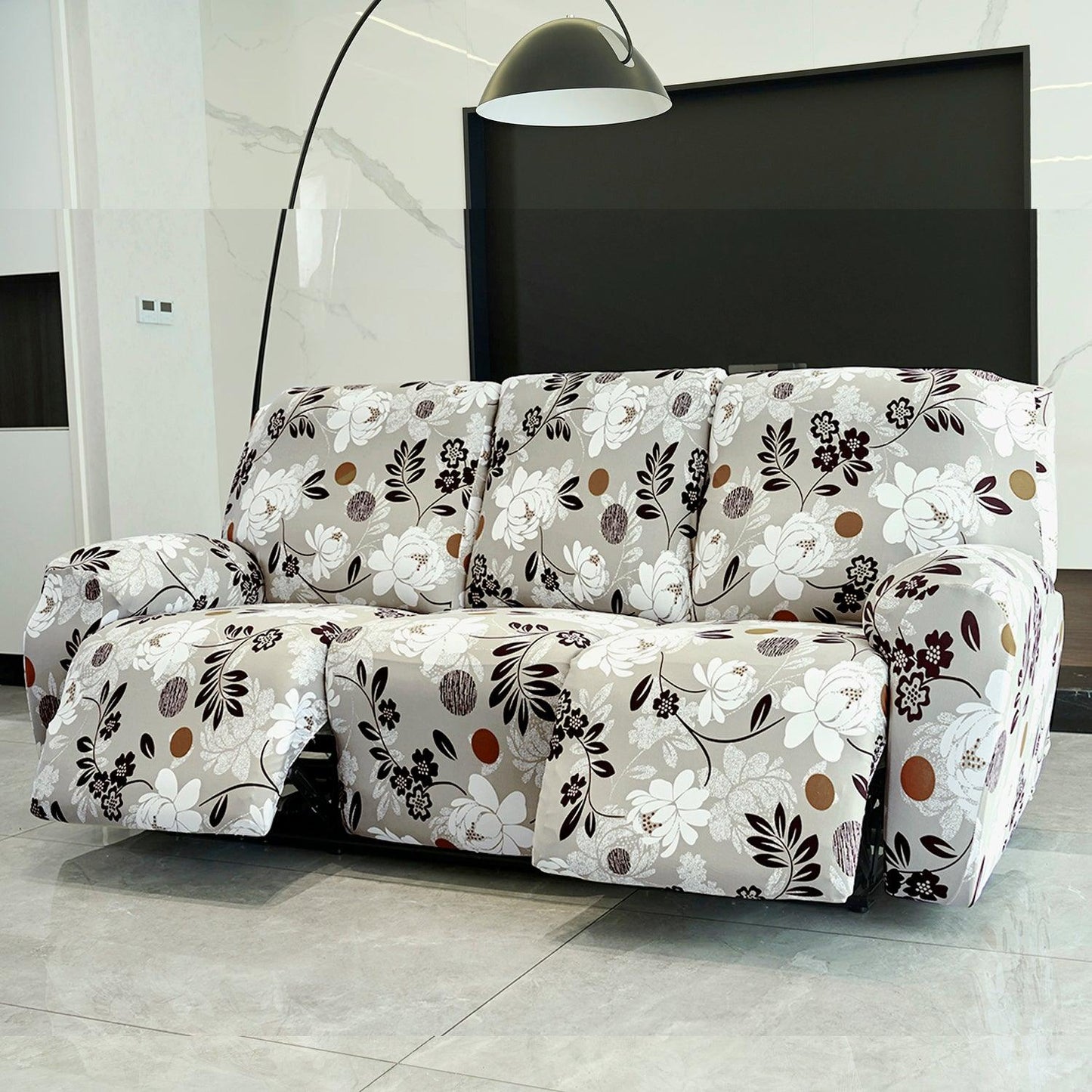 Feather Brown colour Floral Print elastic full fitted polyester 3 seater recliner sofa cover