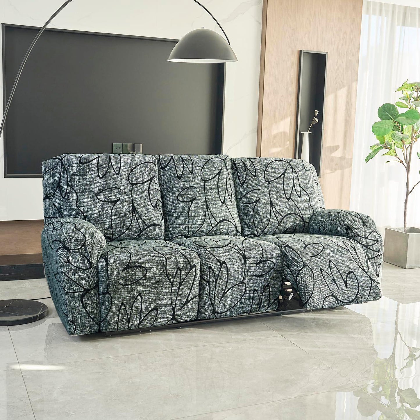 Buy 3 seater Intense Grey Abstract Floral Print elastic stretchable polyester recliner sofa cover