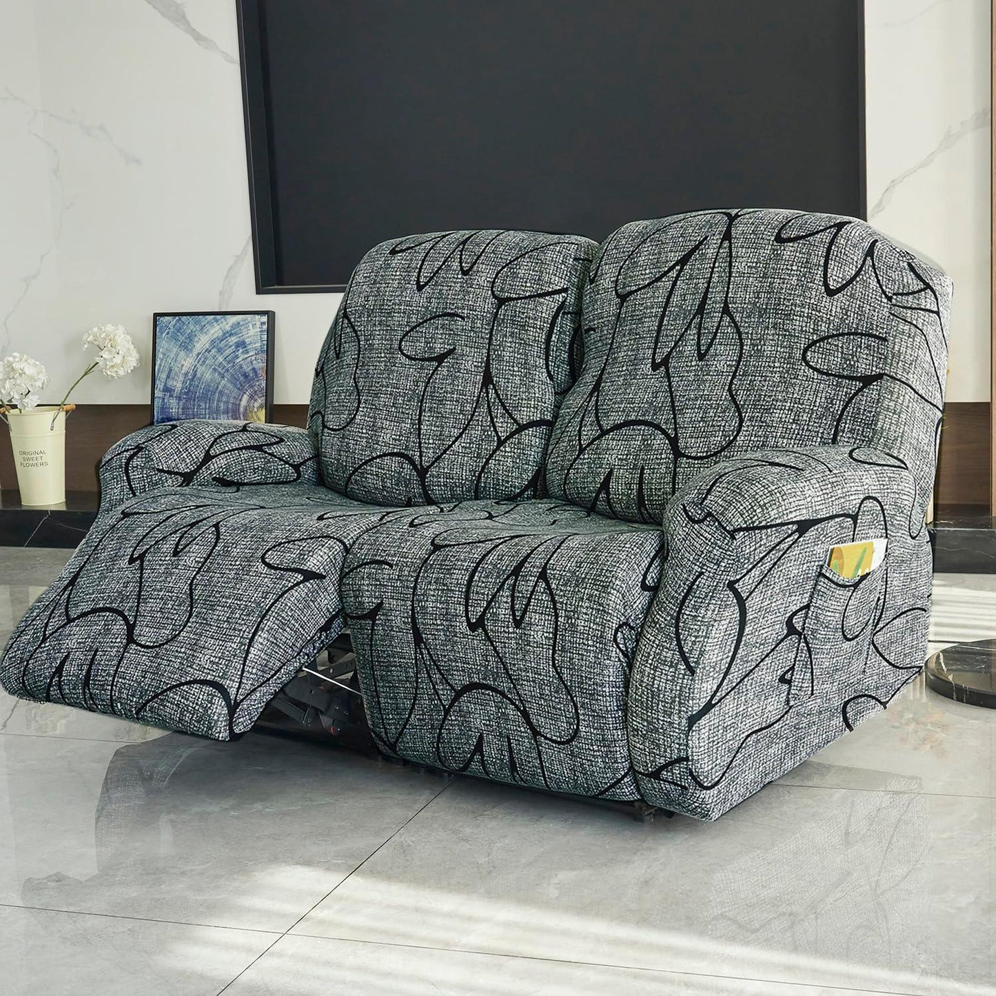 buy Two seater Intense Grey Abstract Floral Print elastic stretchable polyester recliner cover with pocketws
