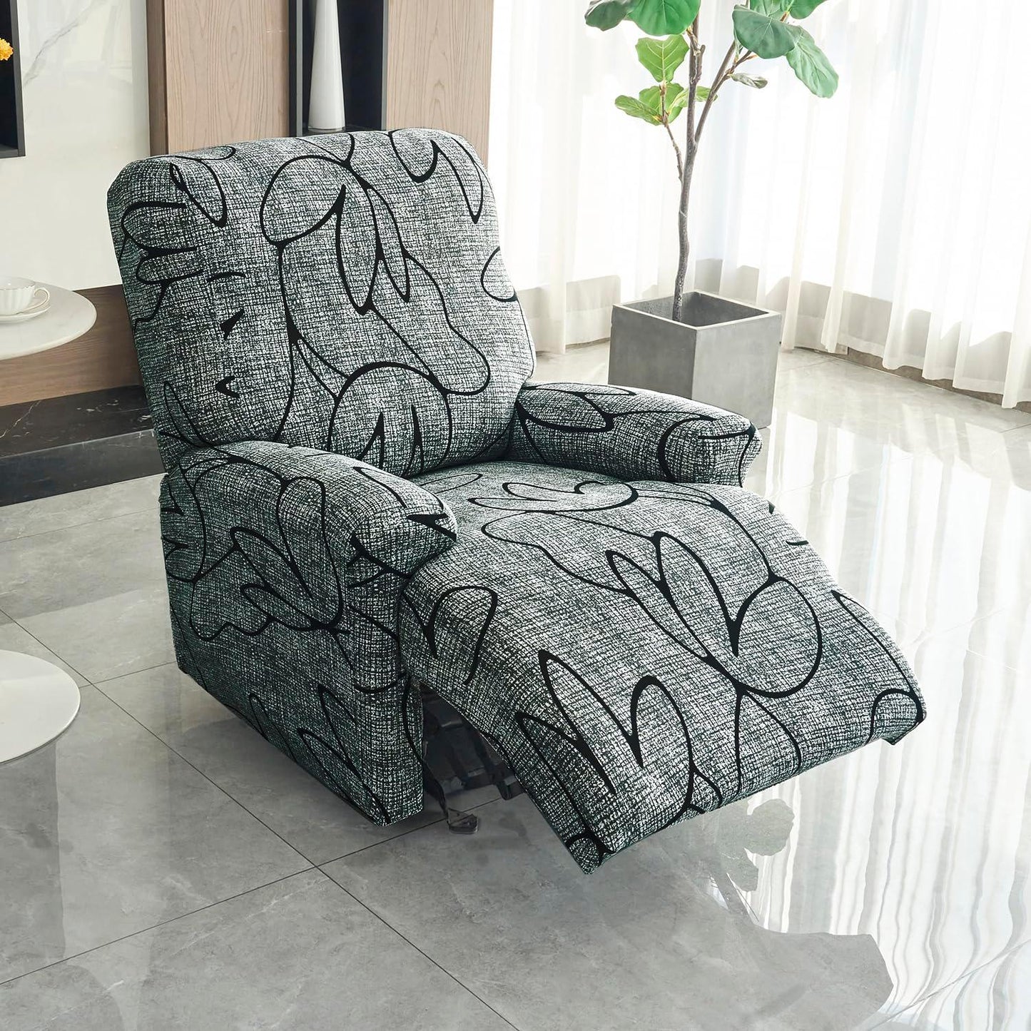 Intense Grey Abstract Floral Print Elastic stretchable recliner chair covers