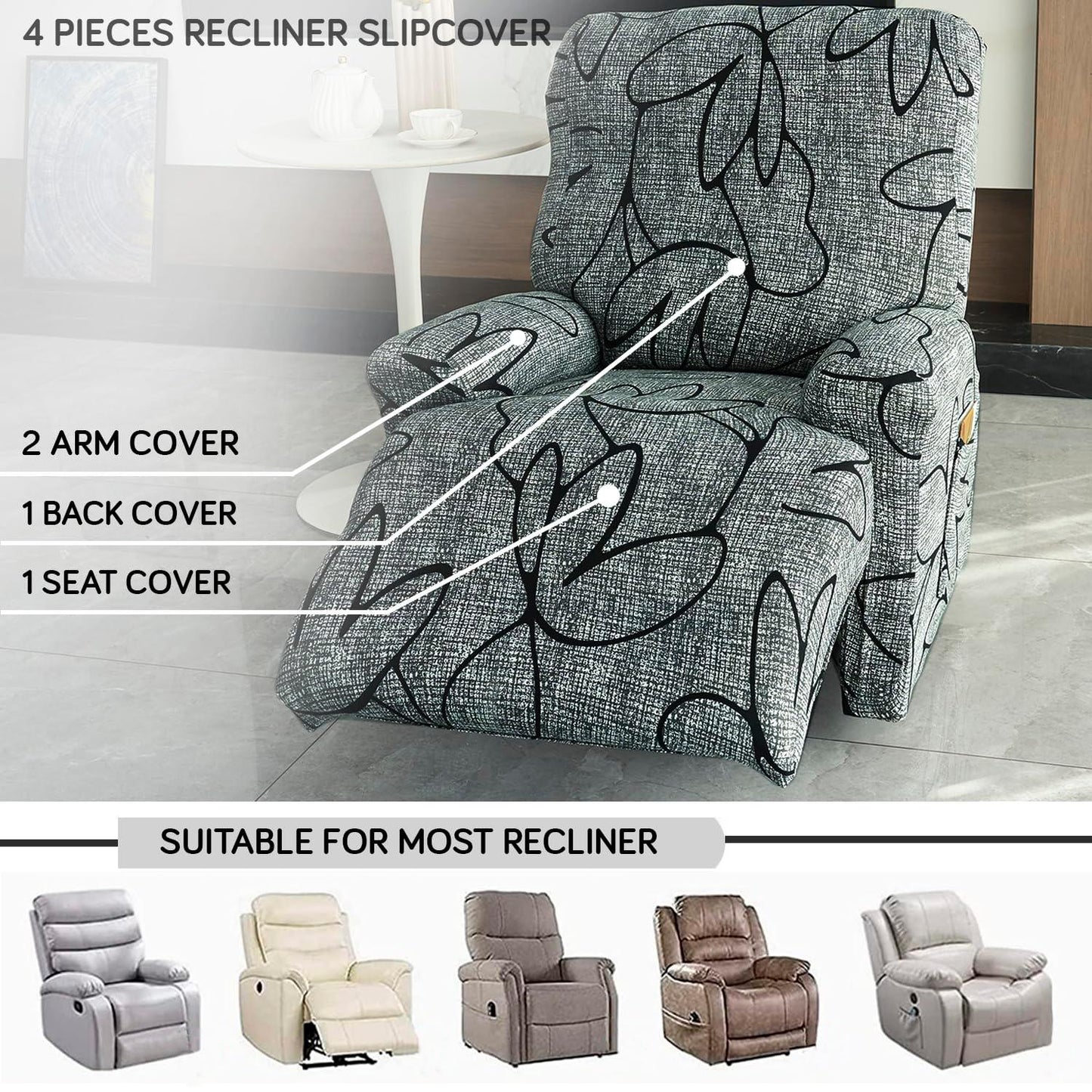 Intense Grey Abstract Floral Print elastic stretchable polyester 4 piece recliner covers