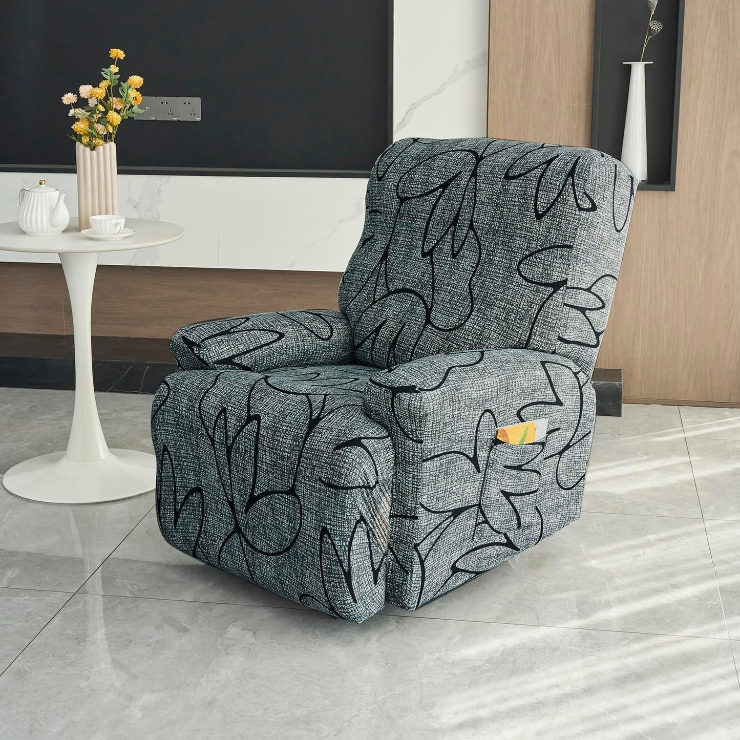 Intense Grey Abstract Floral Print Elastic stretchable recliner chair covers