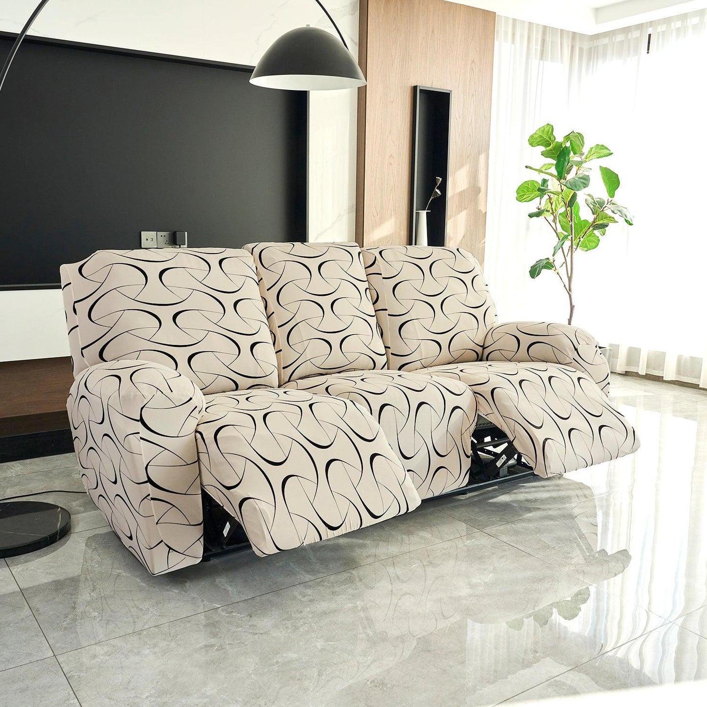 Buy Natural Beige Colour Abstract Art Print elastic full fitted polyester 3 seater recliner sofa cover