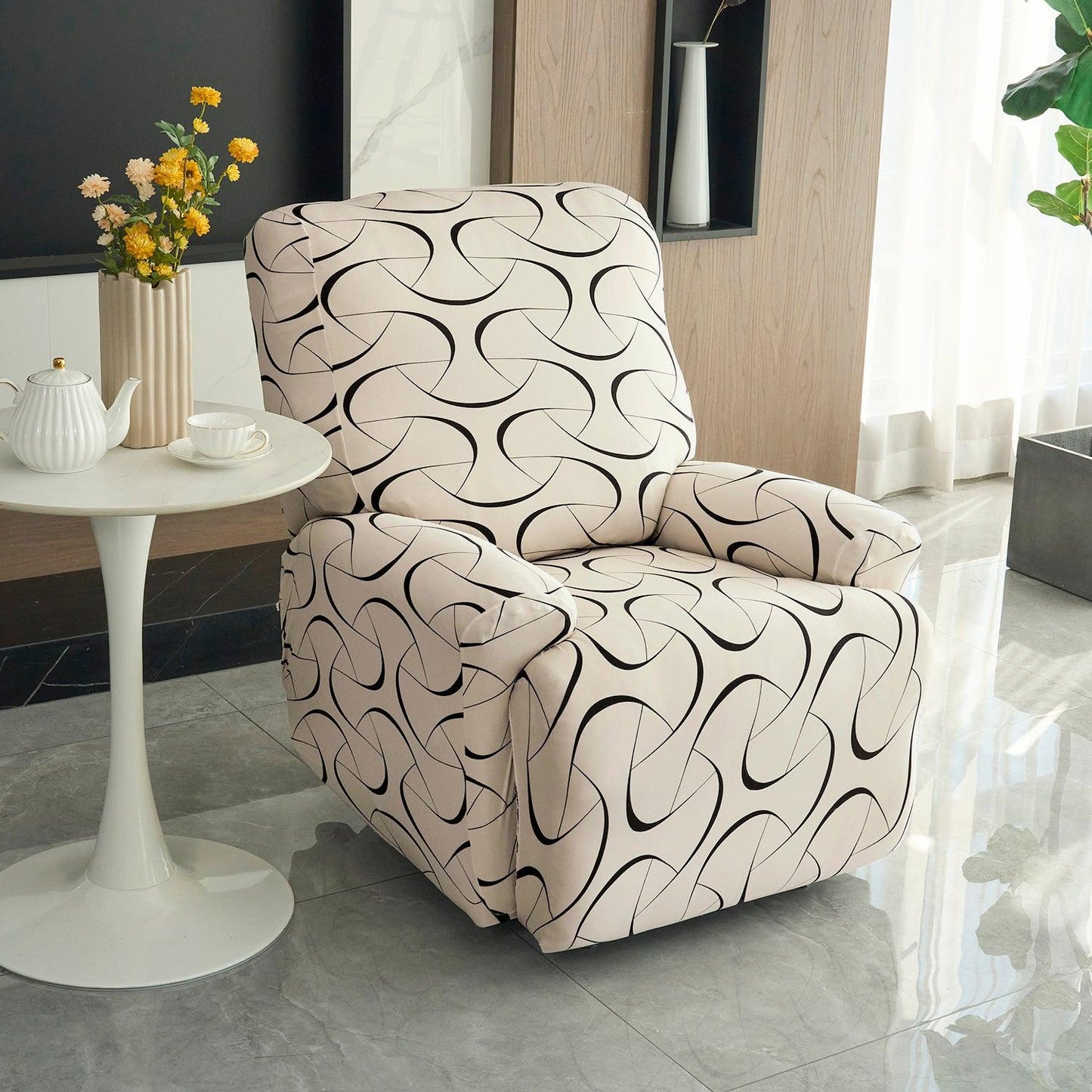 Natural Beige Colour Abstract Art Print elastic stretchable polyester 1 seater recliner sofa cover