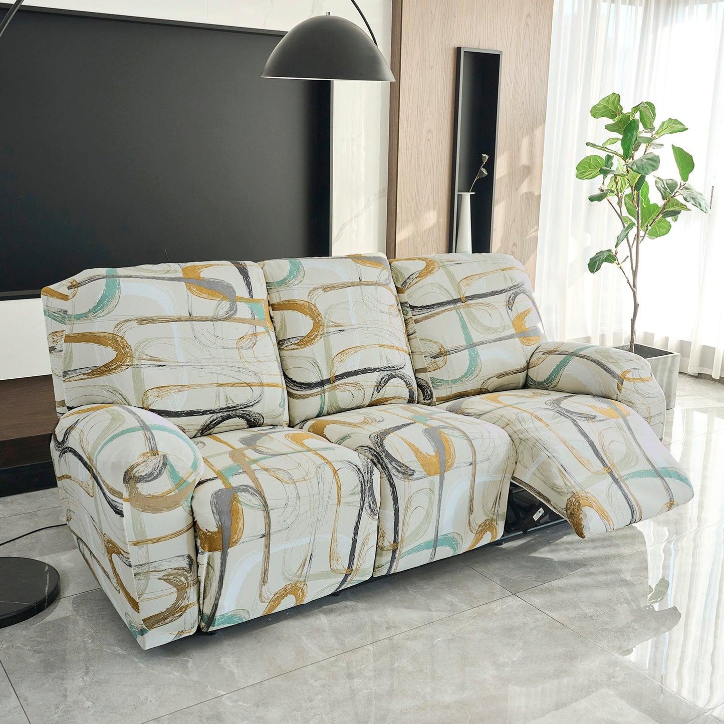 Elegant 3 seater Beige Abstract Art Print elastic stretchable polyester recliner sofa cover
