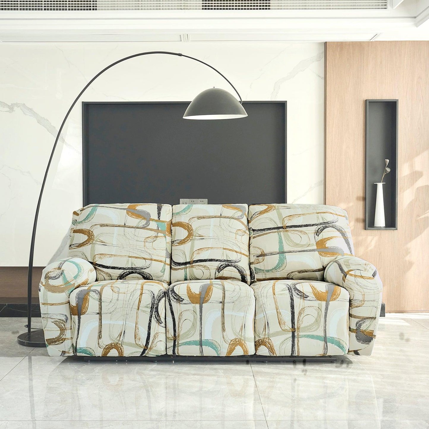 Buy 3 seater Beige Abstract Art Print elastic stretchable polyester recliner sofa cover