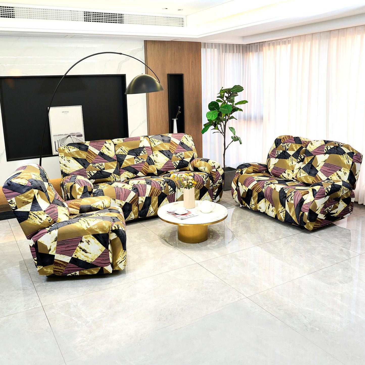 Wine Abstract Geometry Print elastic stretchable polyester 1,2,3 seater recliner covers set