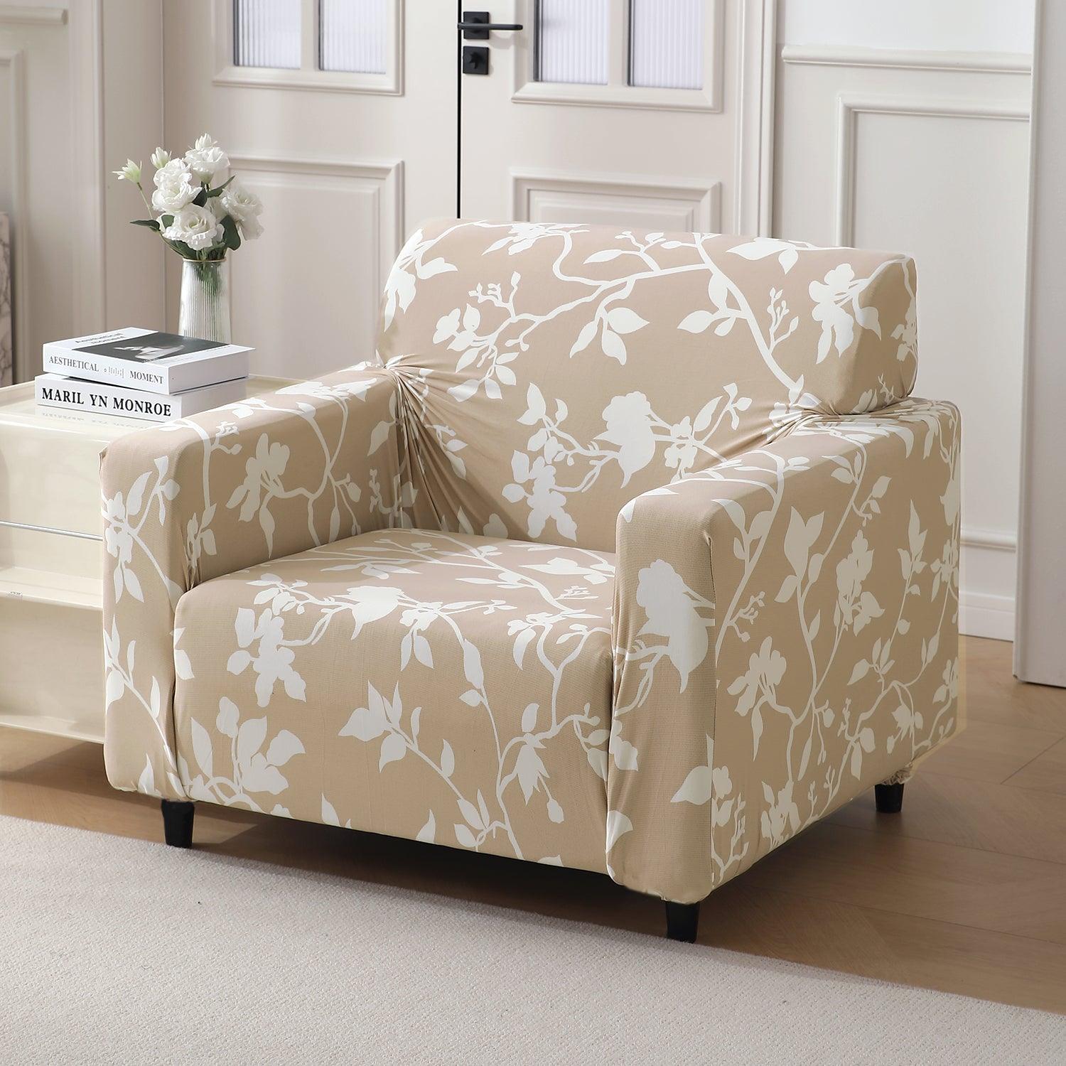 Buff brown silhouette floral print elastic single sofa cover