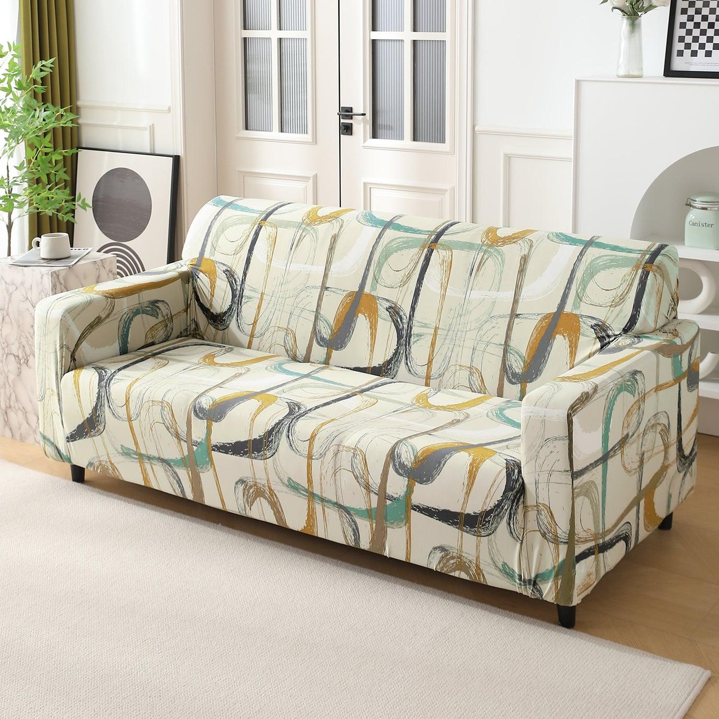 Parchement Beige Abstract Art elastic 3 seater sofa covers