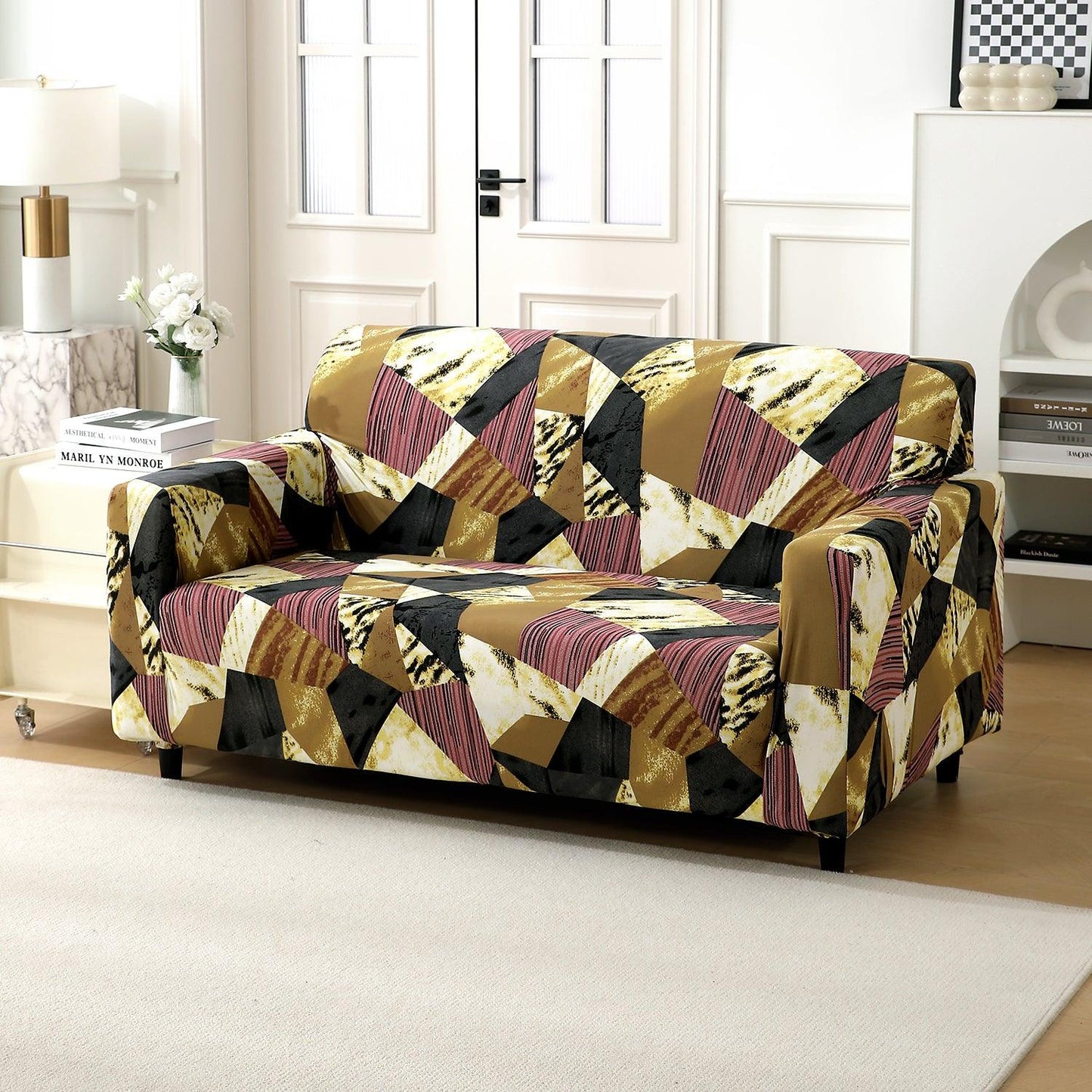 Wine Abstract Geometry Fabric non slip elastic 2 seater sofa cover
