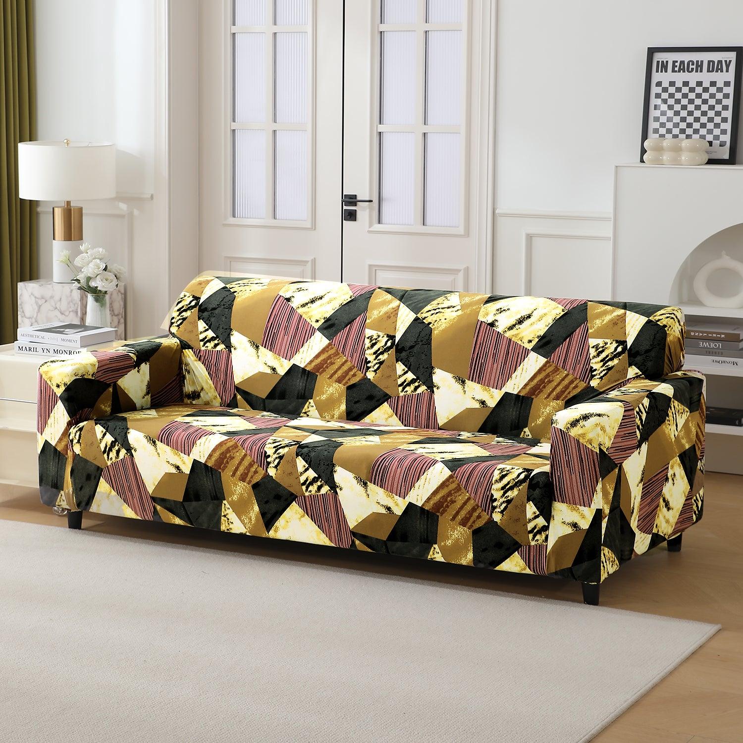 Wine Abstract Geometry Fabric, non slip, elastic 4 seater sofa covers
