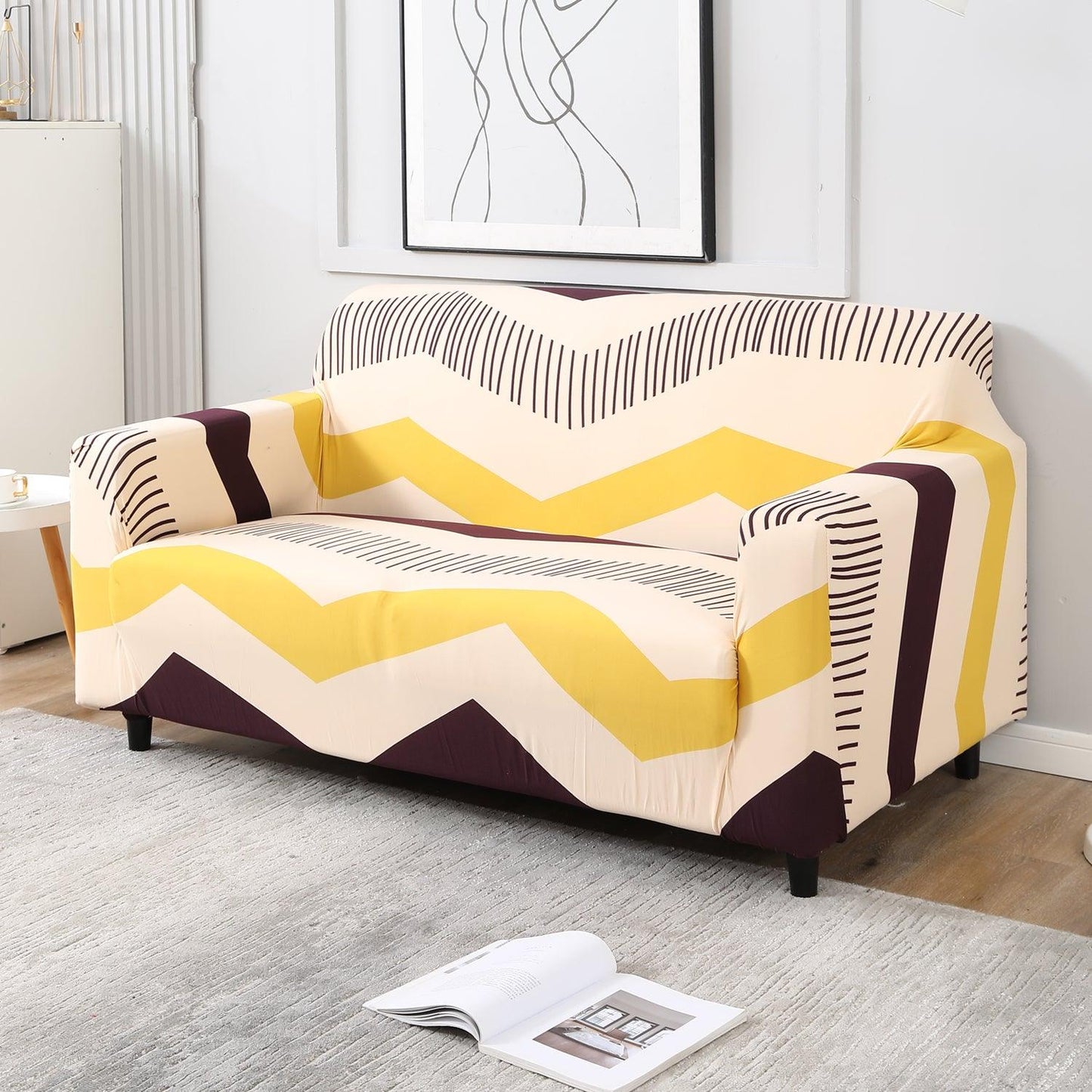 Beige Brown Chevron Print non slip elastic 2 seater sofa cover