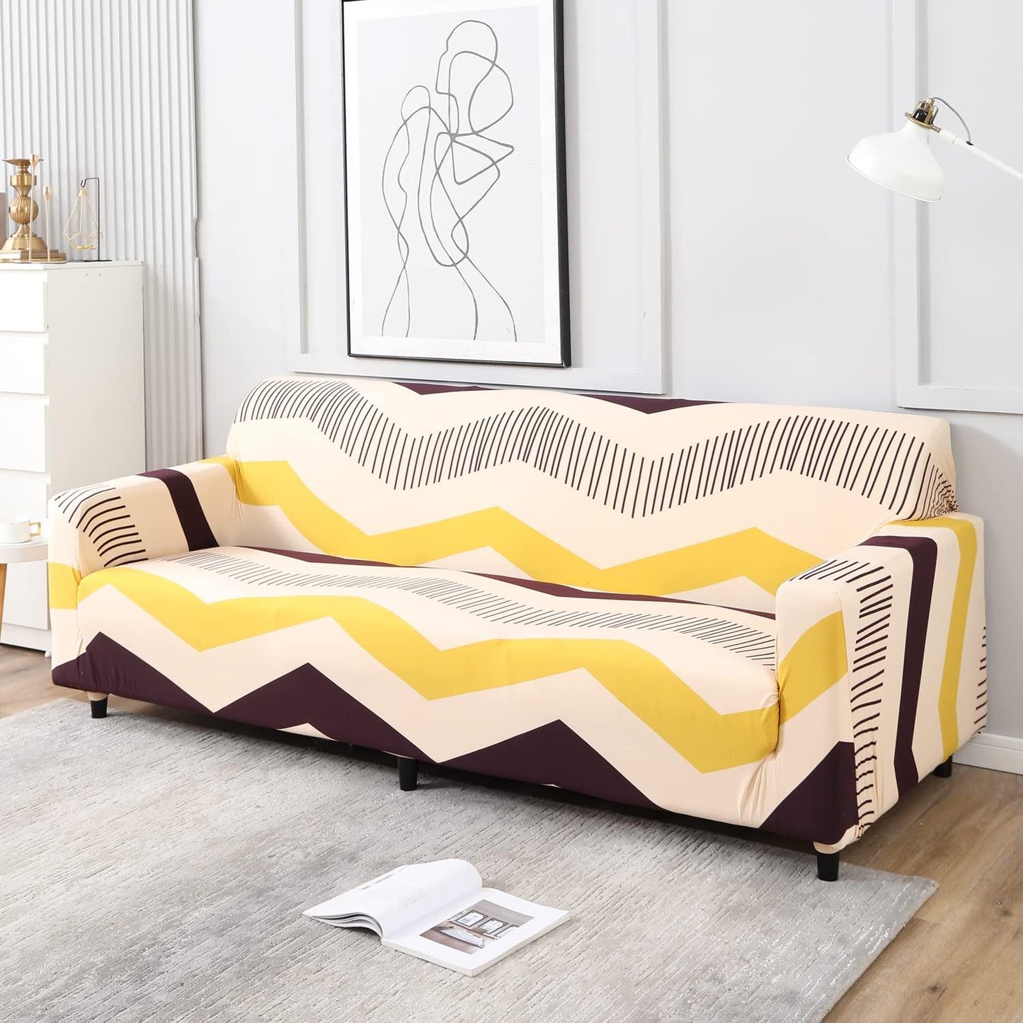 Beige Brown Chevron Print, non slip, elastic 4 seater sofa covers