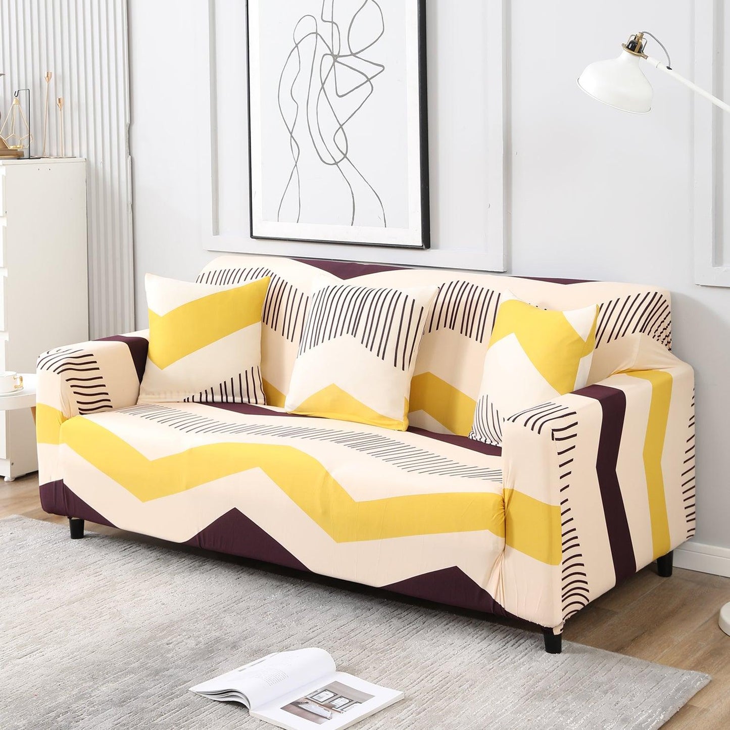 Beige Brown Chevron Print stretchable 3 seater sofa covers