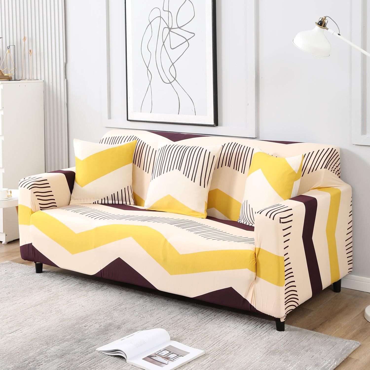 Beige Brown Chevron Print stretchable 3 seater sofa covers