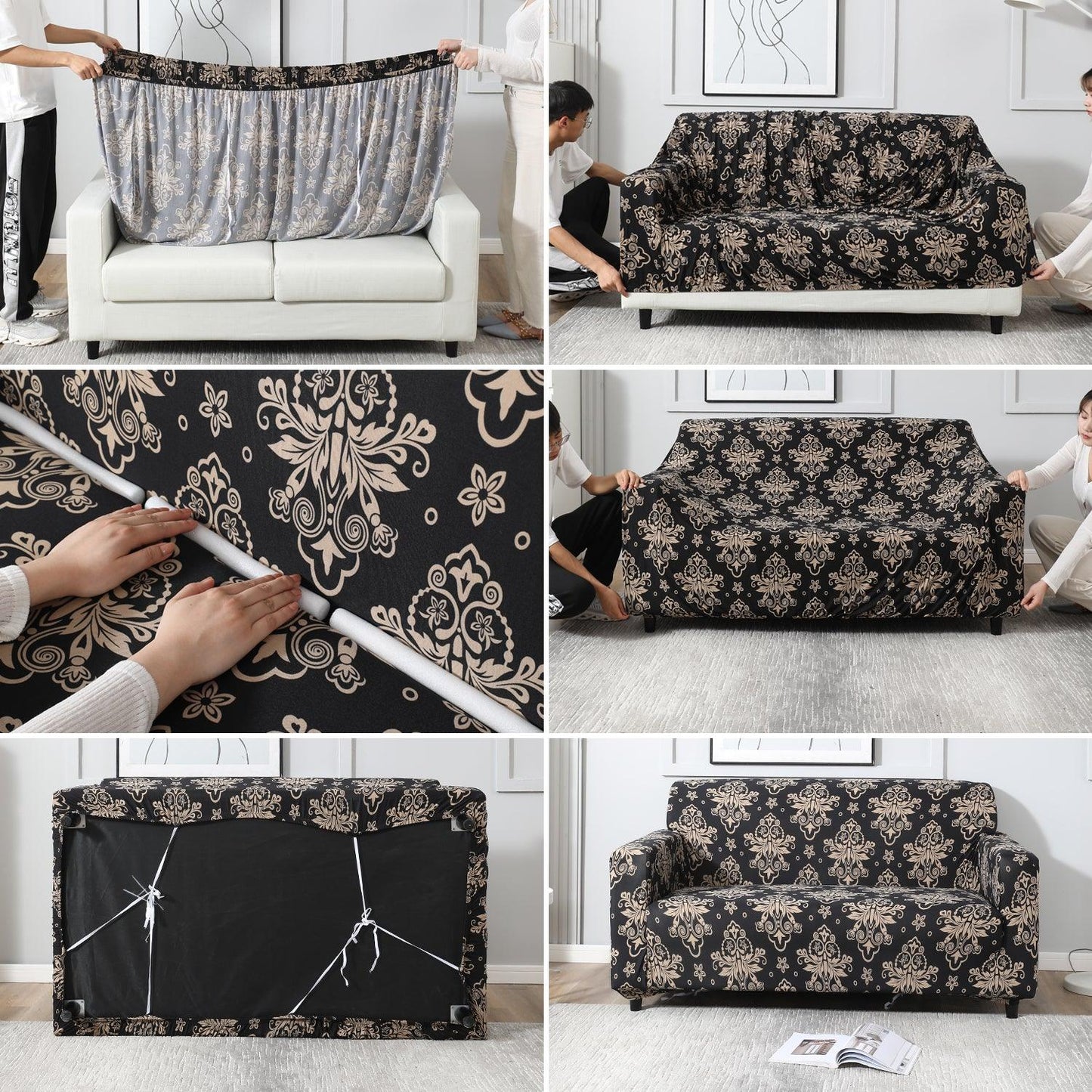 Step-by-step guide on How to put on Black Damask Printed elastic sofa cover