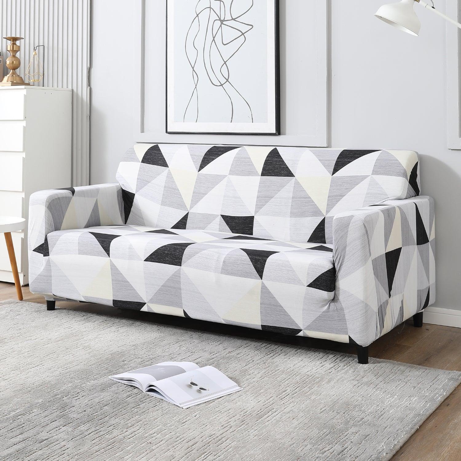 Black Grey Geometric elastic 3 seater sofa covers