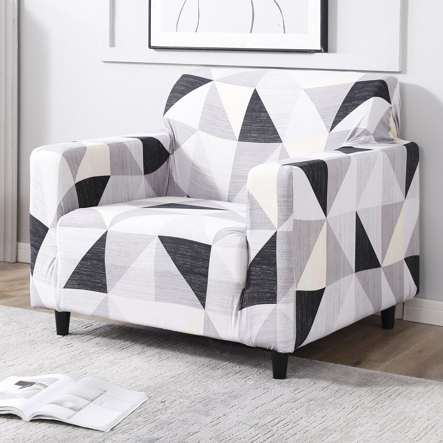 Elastic Stretchable Printed Sofa Cover, Black Grey Geometric