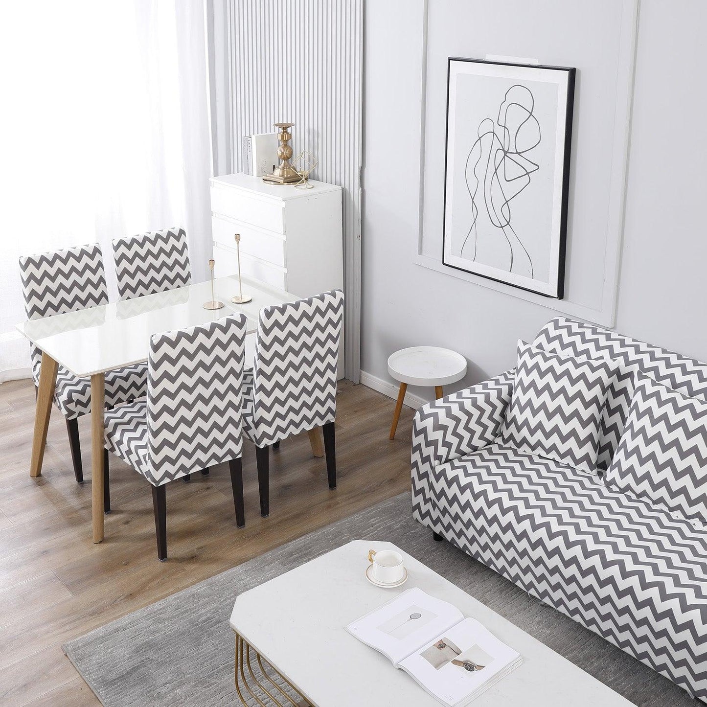 Buy Grey Chevron polyester Matching elastic covers for chairs and sofas