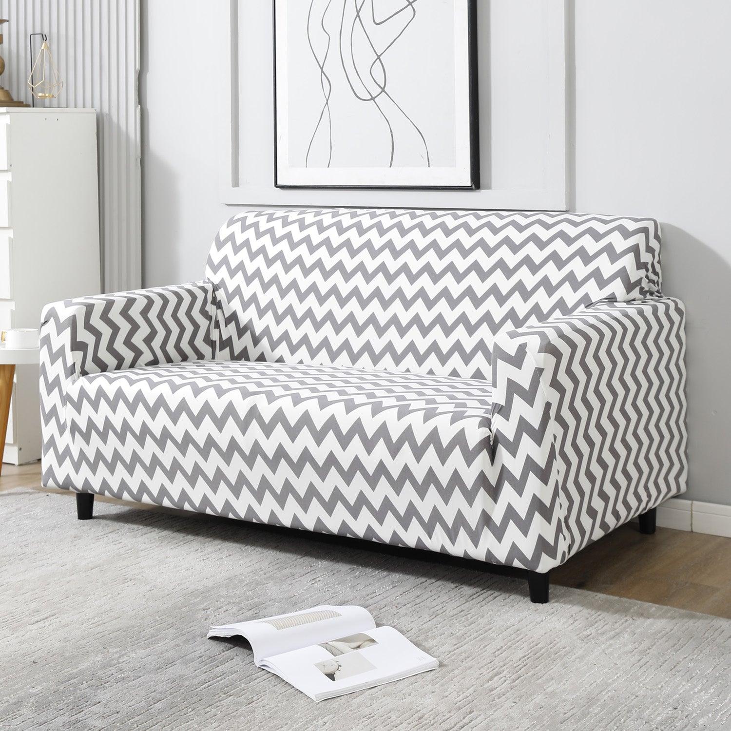 Grey Chevron non slip elastic 2 seater sofa cover