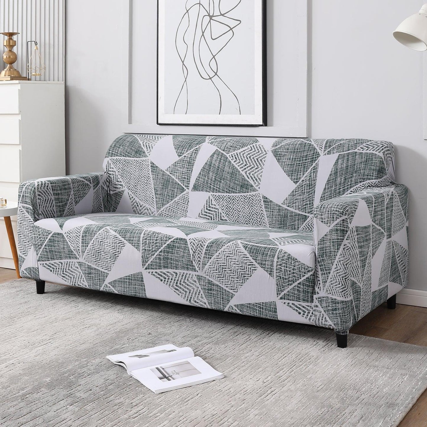 Grey Geometric Abstract Print elastic 3 seater sofa covers