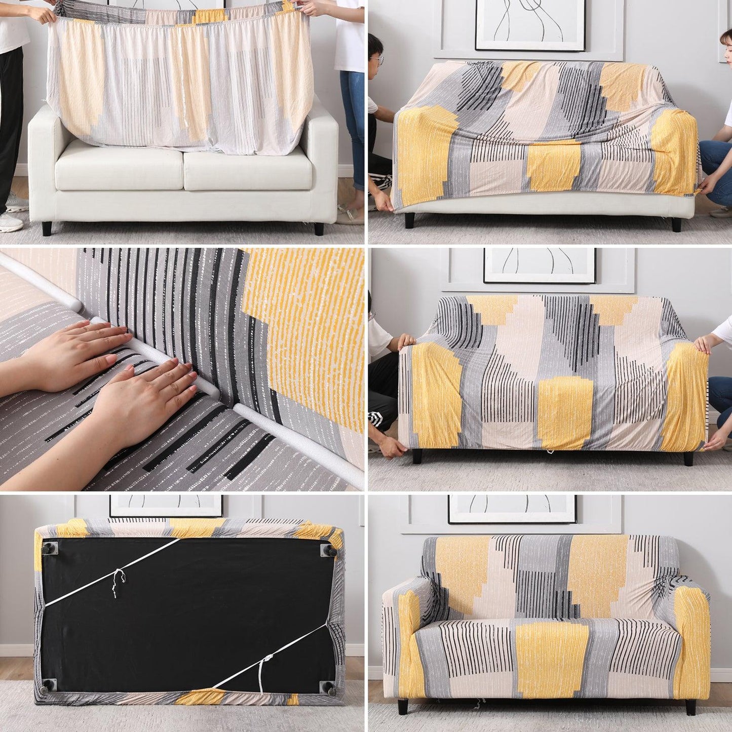 Step-by-step guide on How to put on Multicolor Linear Lines elastic sofa cover