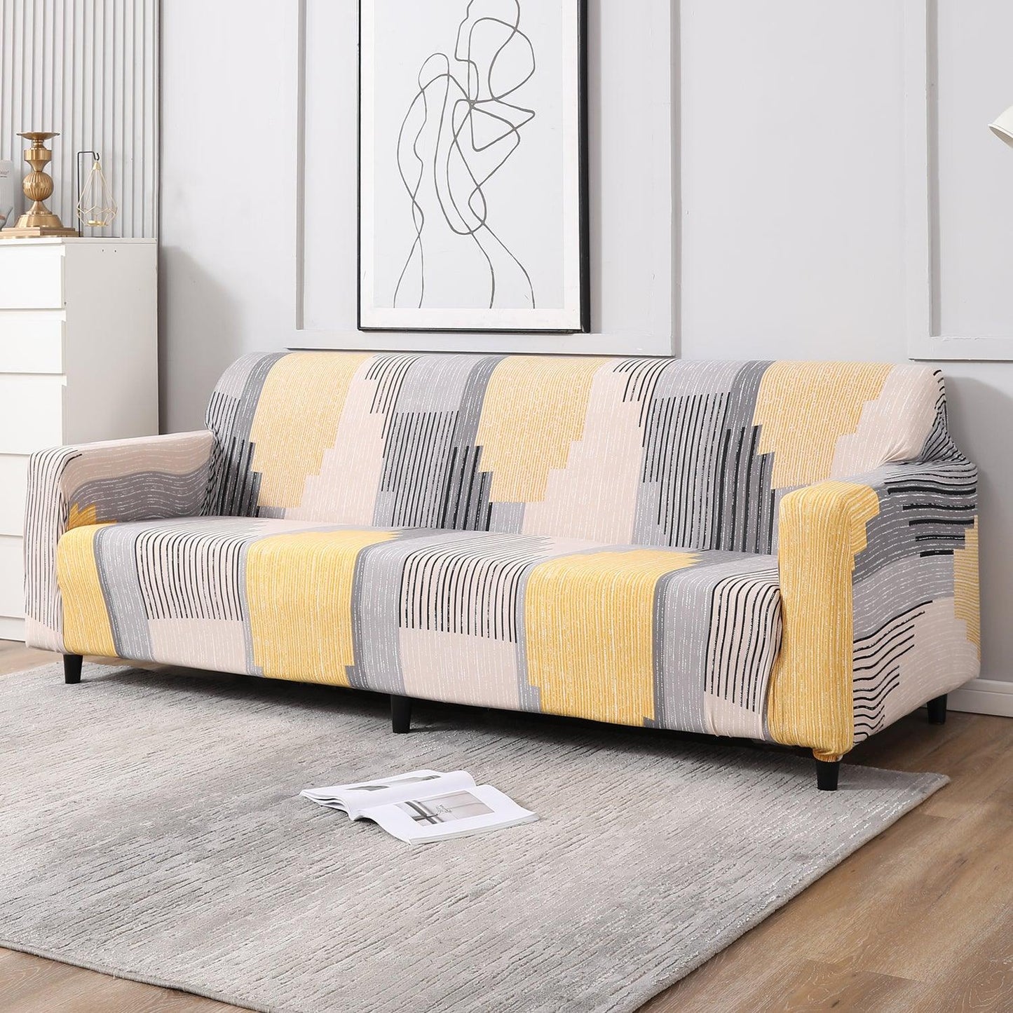 Multicolor Linear Lines, non slip, elastic 4 seater sofa covers