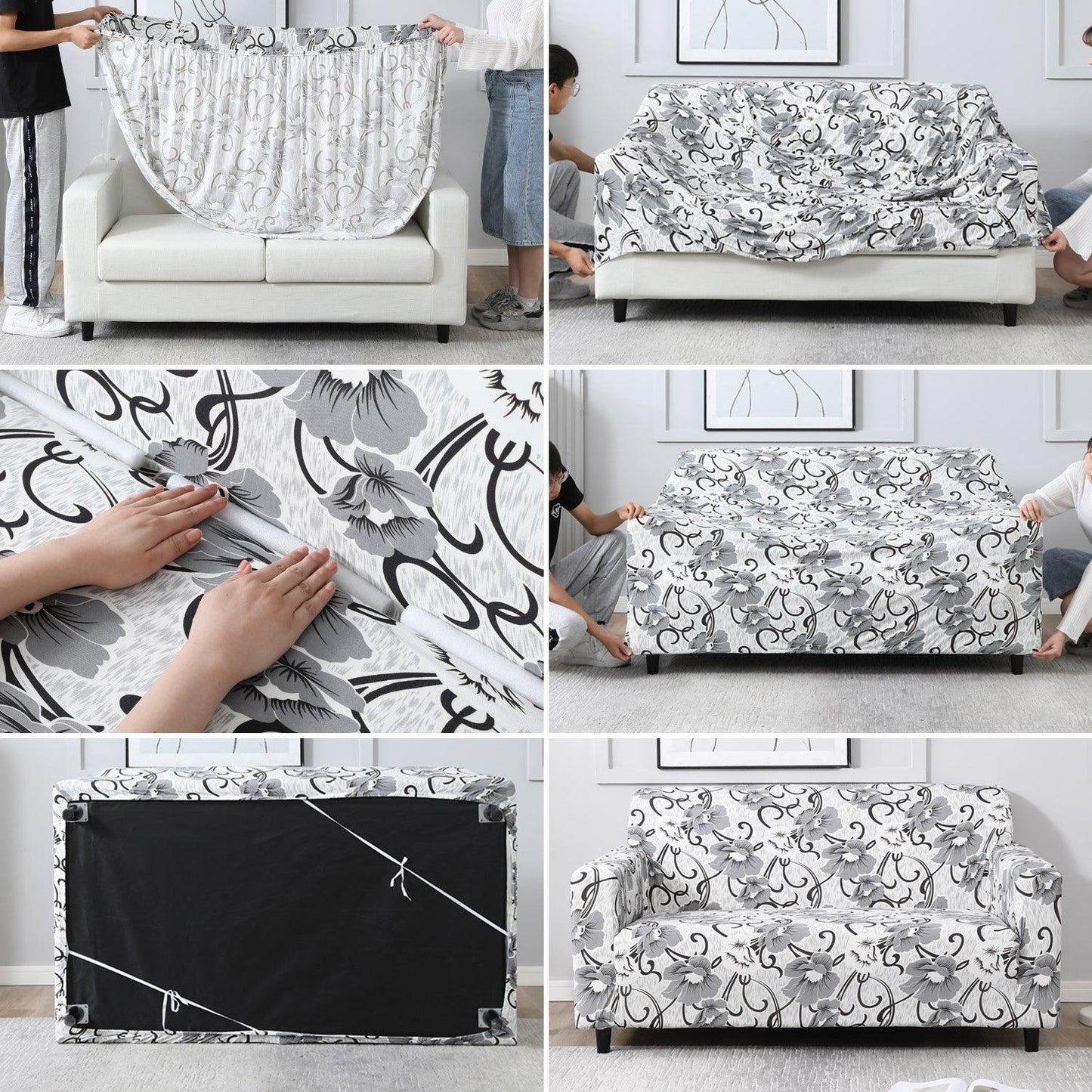 White Grey Flowers Printed – Step-by-step guide to put on an elastic sofa cover