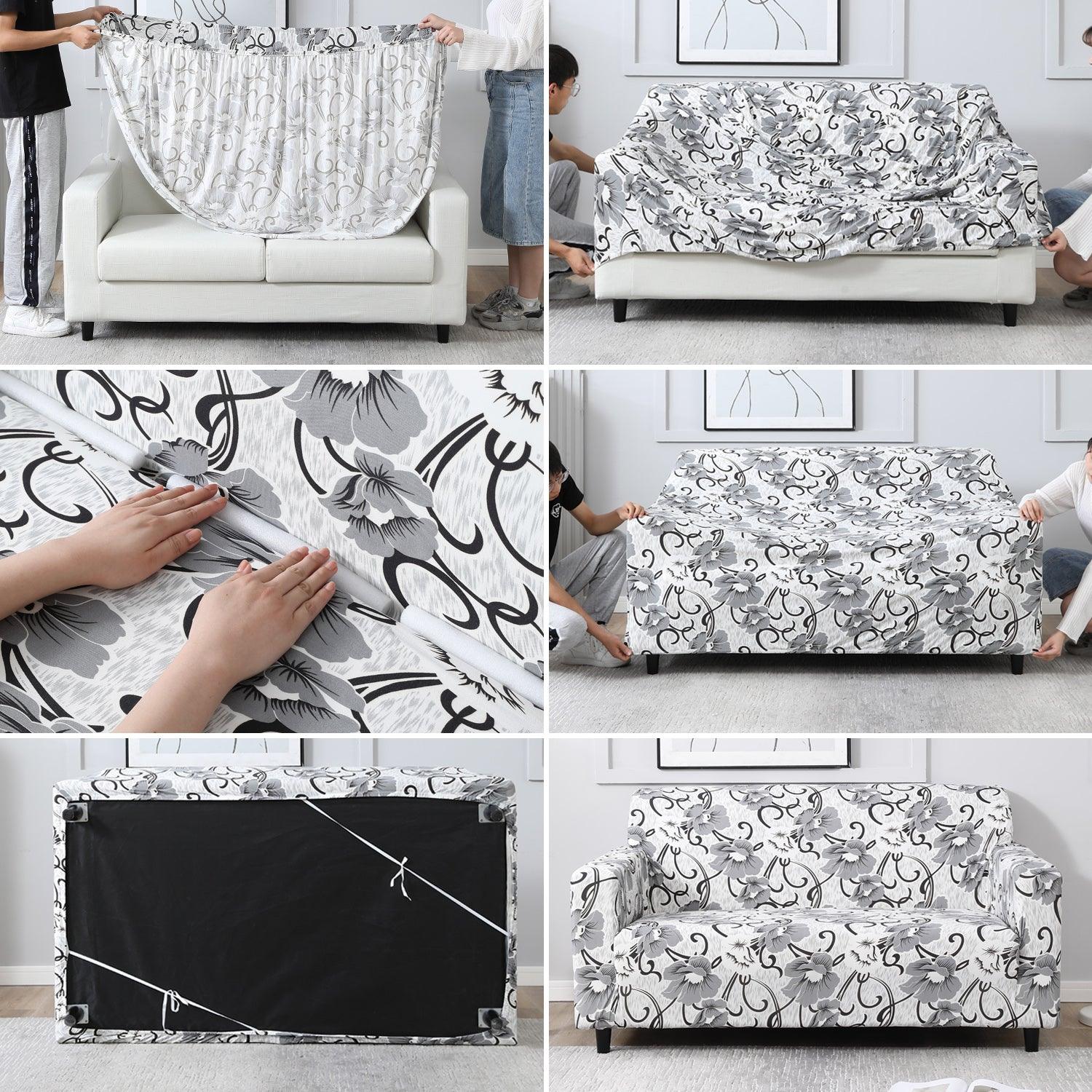 White Grey Flowers Printed – Step-by-step guide to put on an elastic sofa cover