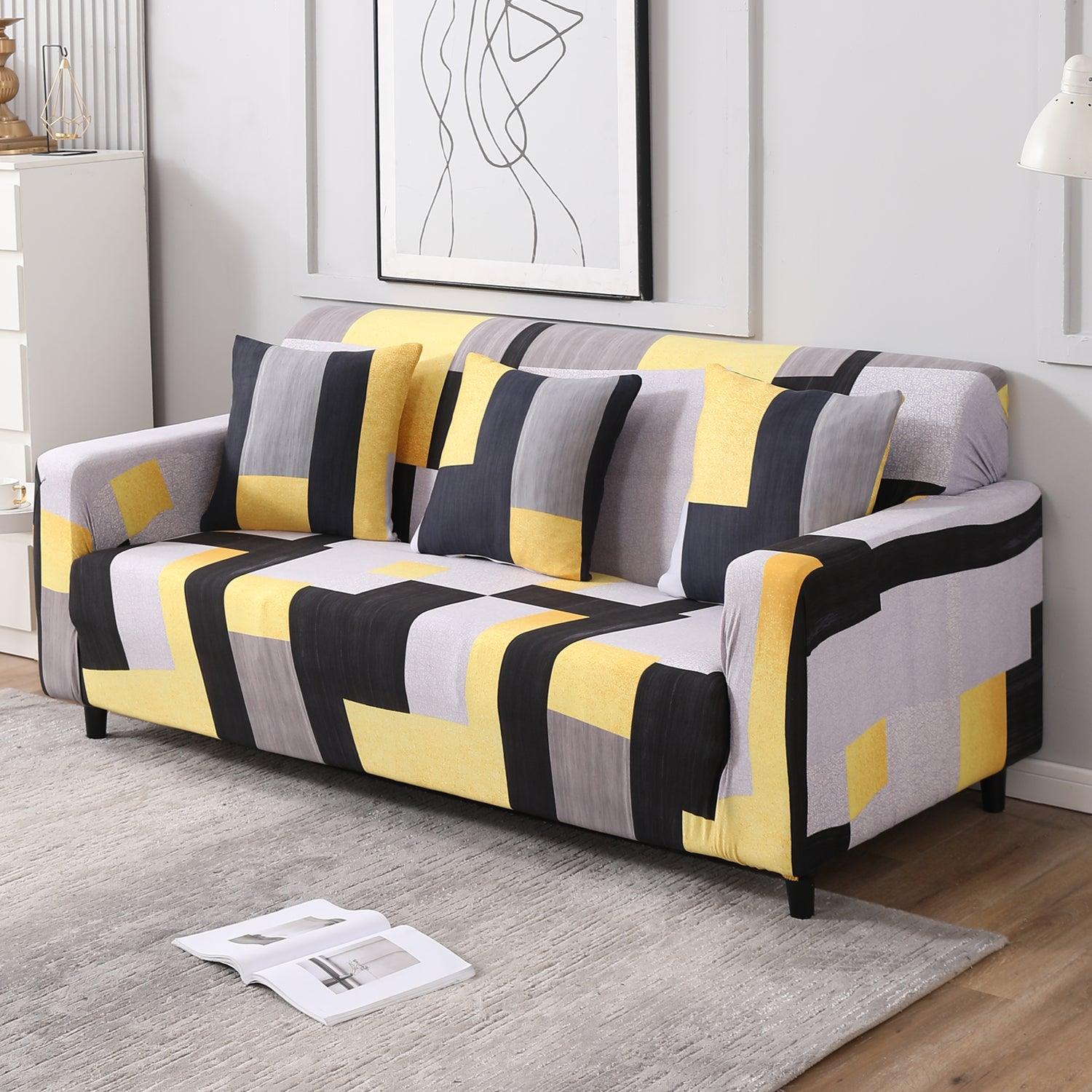Yellow Geometric Abstract Printed stretchable 3 seater sofa covers