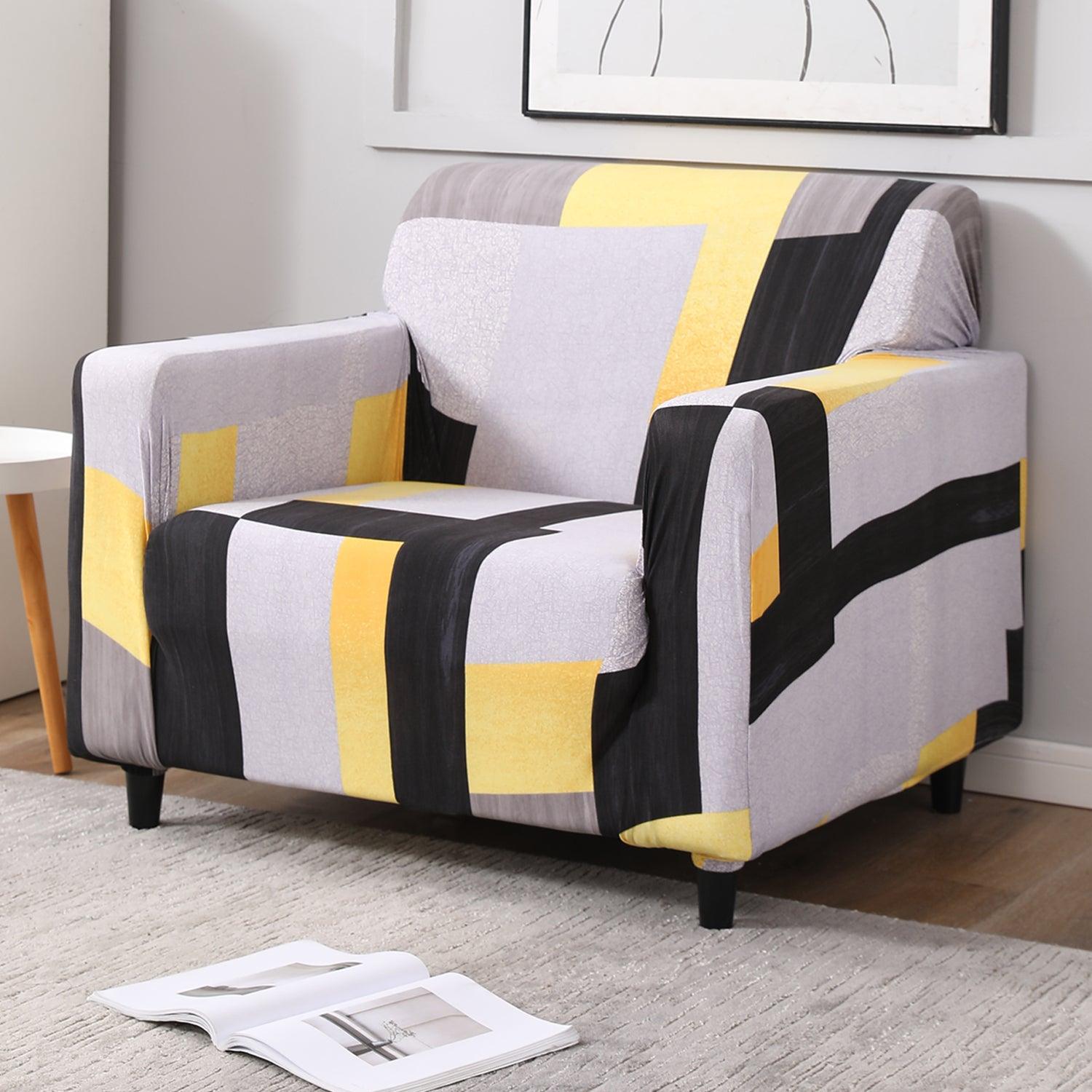 Yellow Geometric Abstract Printed stretchable single sofa cover