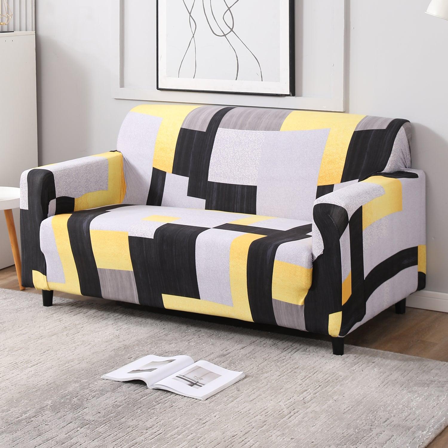 Yellow Geometric Abstract Printed non slip elastic 2 seater sofa cover