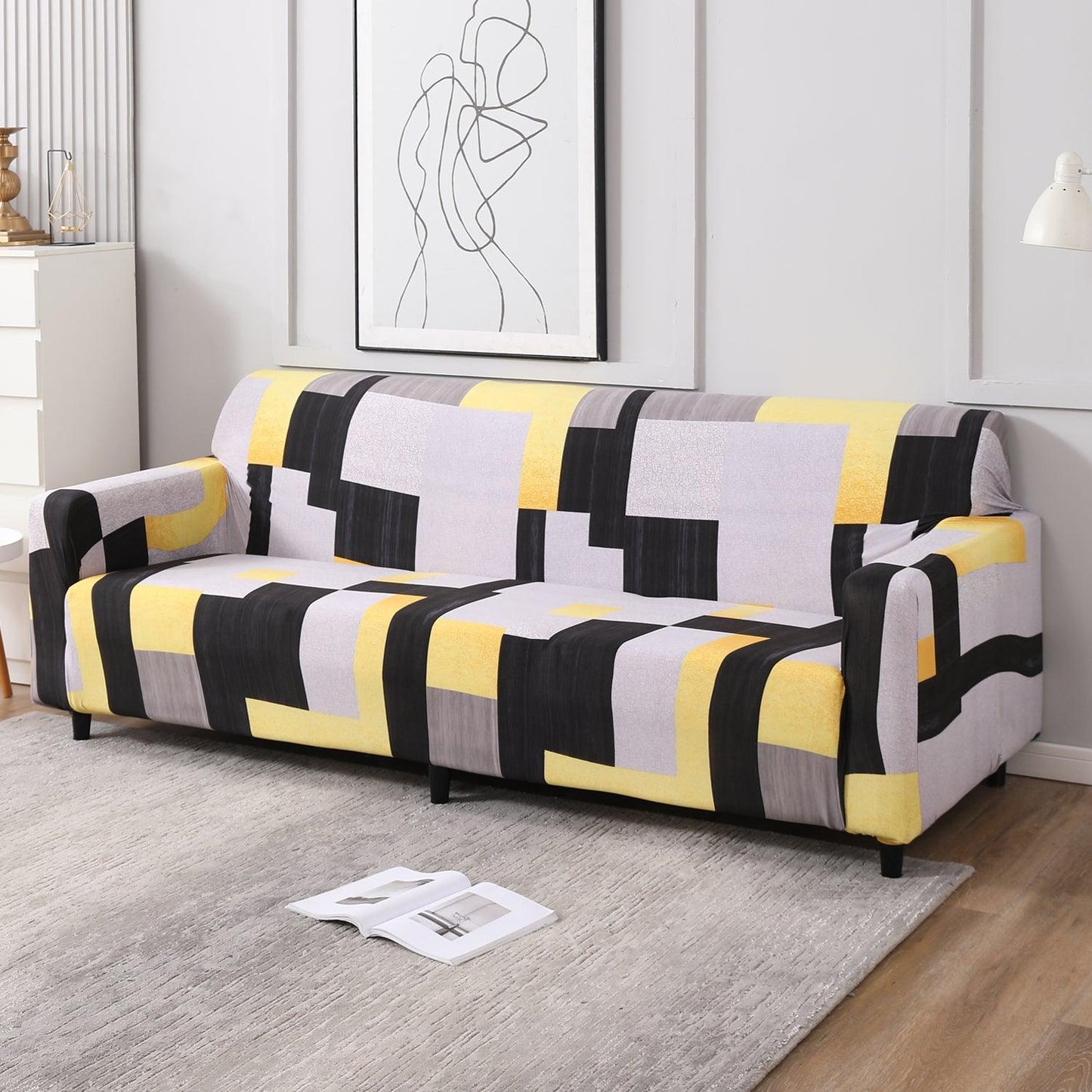 Yellow Geometric Abstract Printed, non slip, elastic 4 seater sofa covers