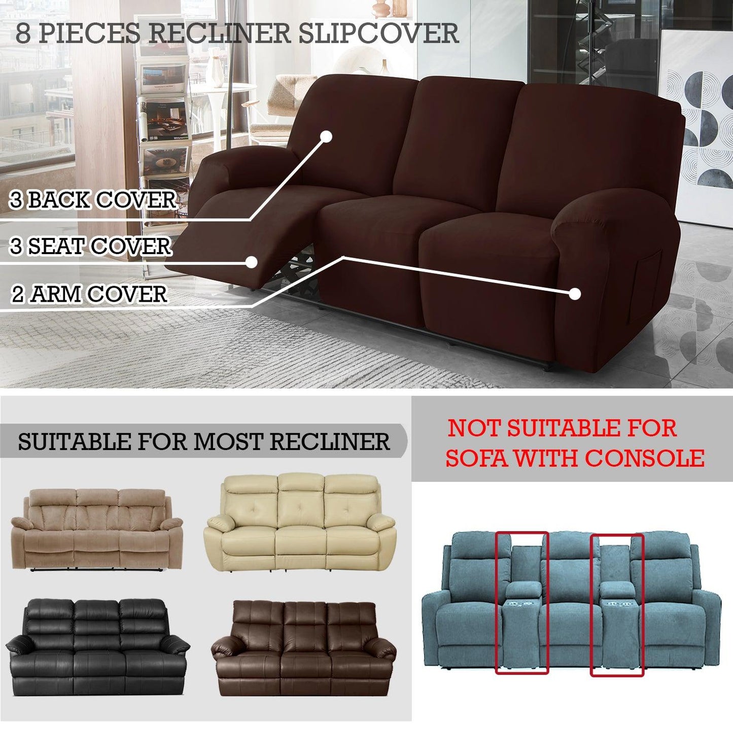 Elastic Stretchable Recliner Sofa Cover, Coffee - HOKIPO | Har Ghar ka Humsafar