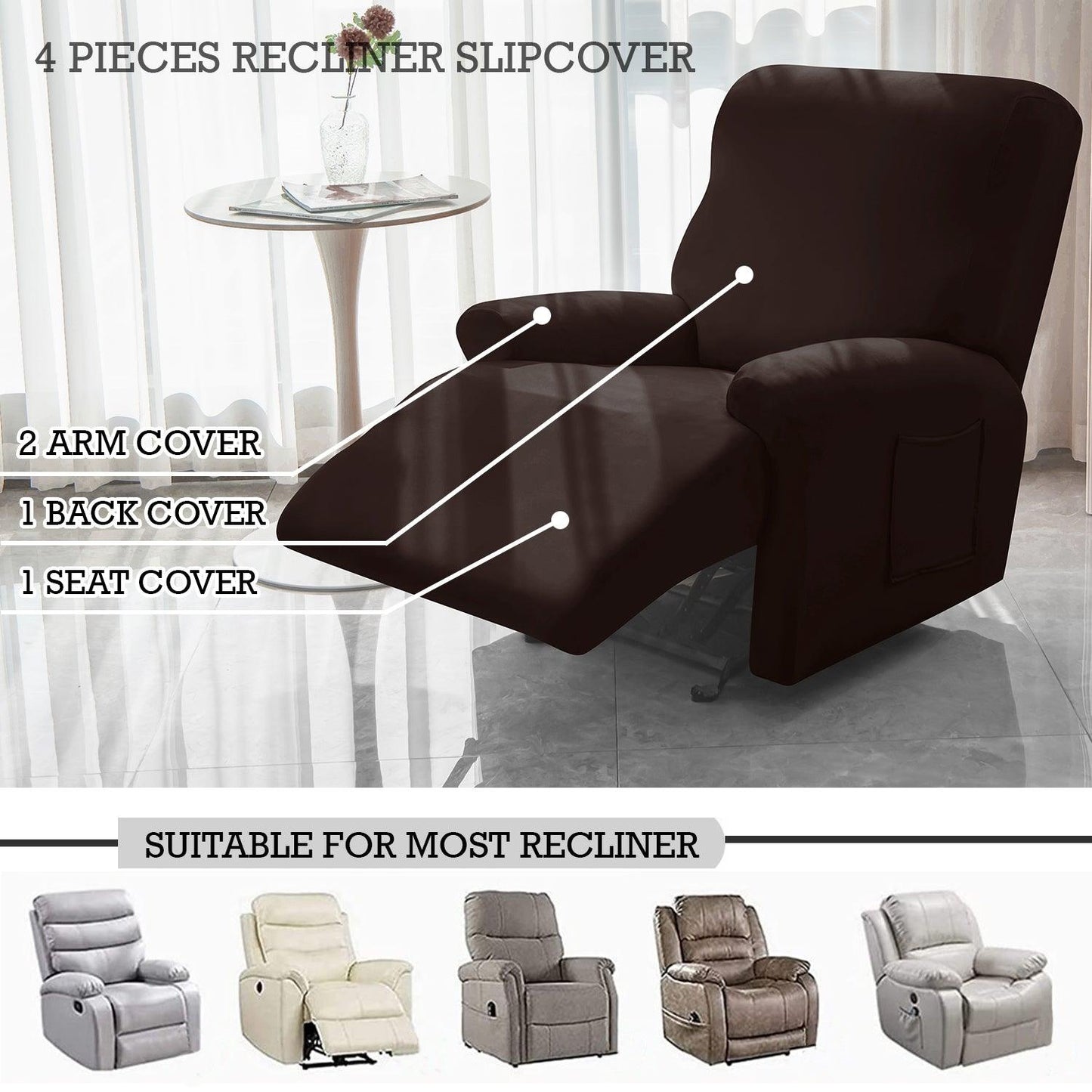 Elastic Stretchable Recliner Sofa Cover, Coffee - HOKIPO | Har Ghar ka Humsafar
