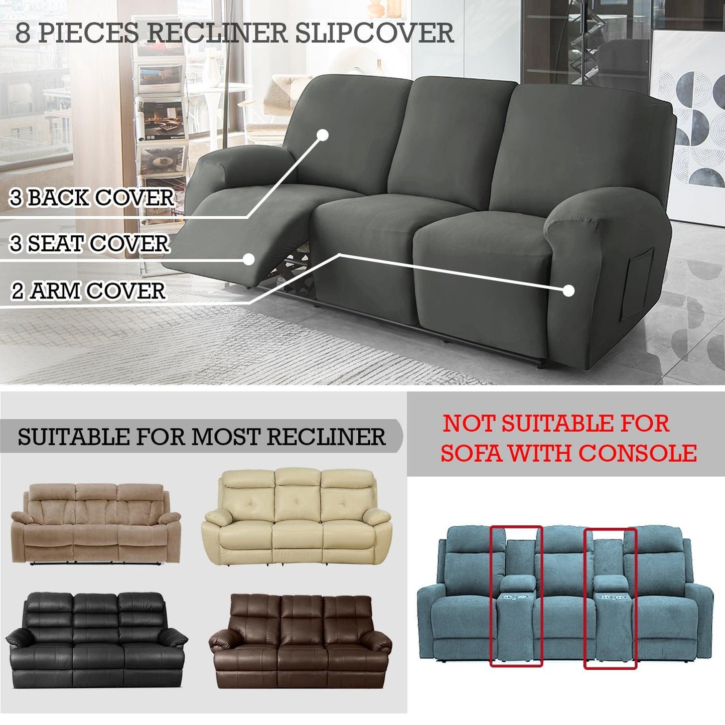 Elastic Stretchable Recliner Sofa Cover, Grey - HOKIPO | Har Ghar ka Humsafar