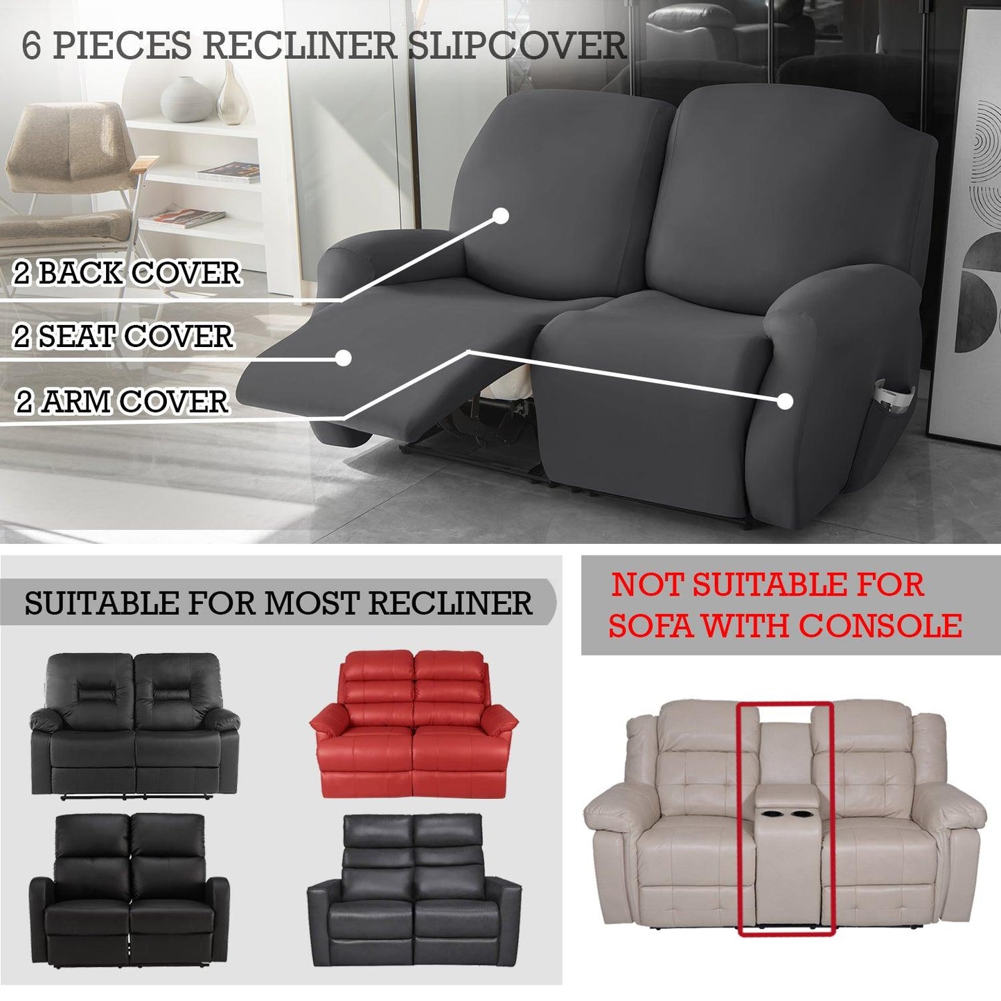 Elastic Stretchable Recliner Sofa Cover, Grey - HOKIPO | Har Ghar ka Humsafar