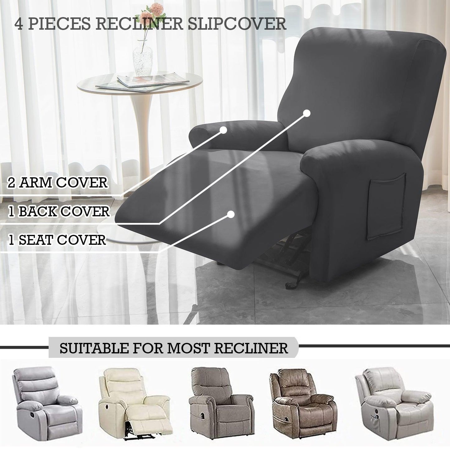 Elastic Stretchable Recliner Sofa Cover, Grey - HOKIPO | Har Ghar ka Humsafar