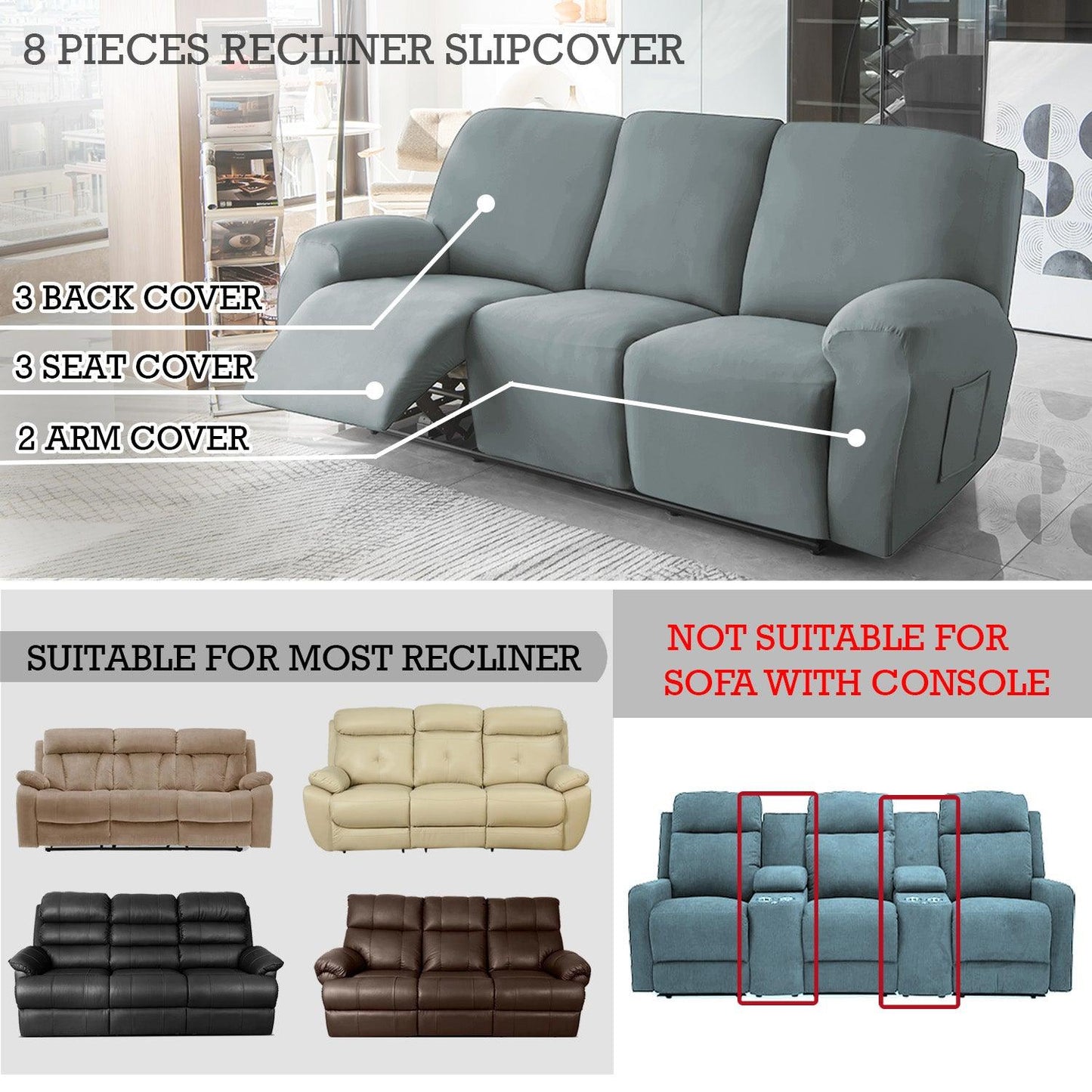 Elastic Stretchable Recliner Sofa Cover, Smokey Grey - HOKIPO | Har Ghar ka Humsafar