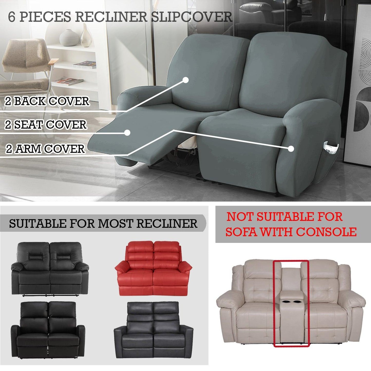 Elastic Stretchable Recliner Sofa Cover, Smokey Grey - HOKIPO | Har Ghar ka Humsafar