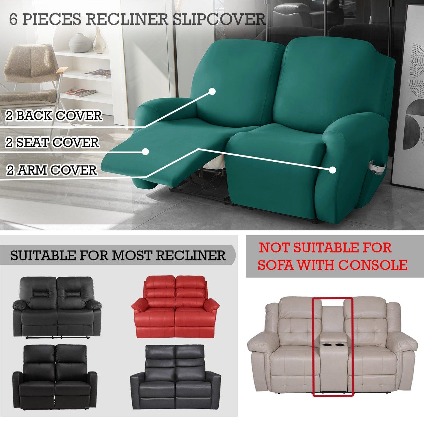 Elastic Stretchable Recliner Sofa Cover, Teal - HOKIPO | Har Ghar ka Humsafar