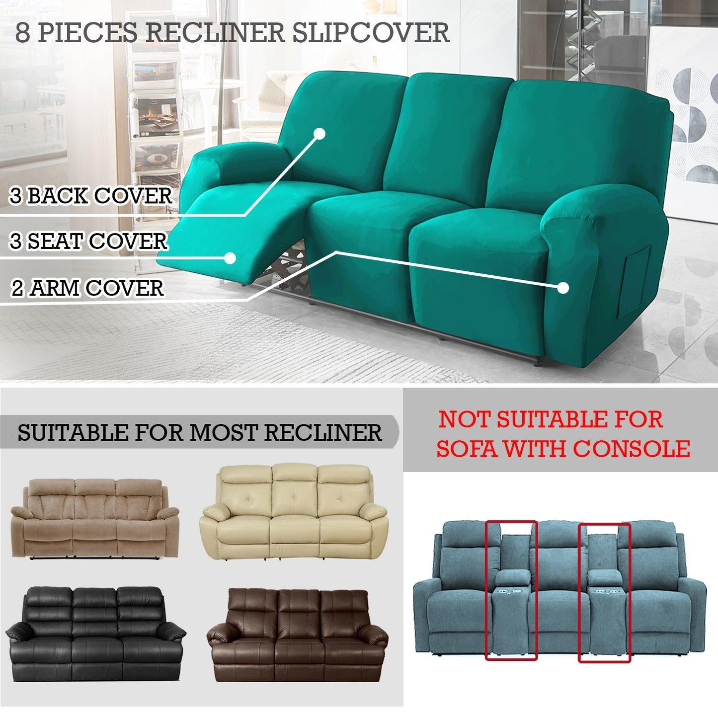 Elastic Stretchable Recliner Sofa Cover, Teal - HOKIPO | Har Ghar ka Humsafar