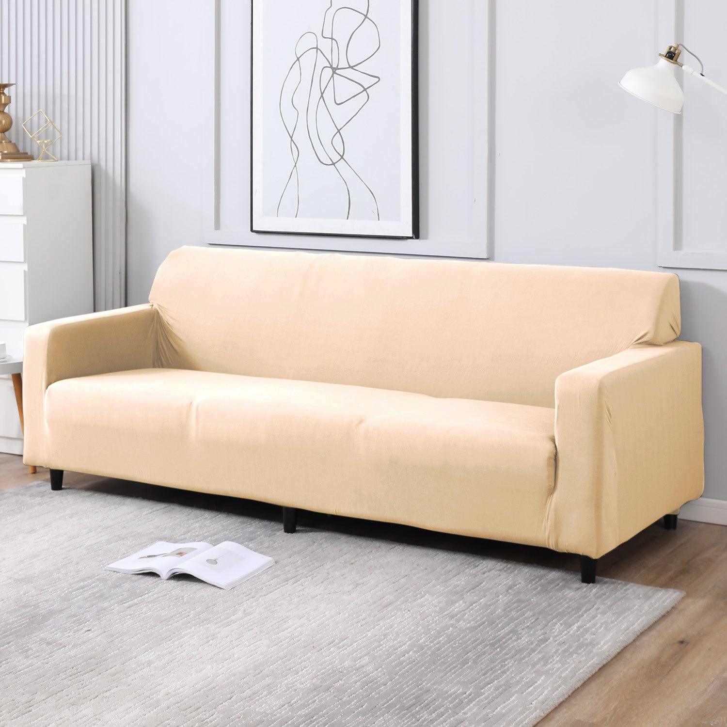 Plain beige non slip full fitted 4 seater sofa cover