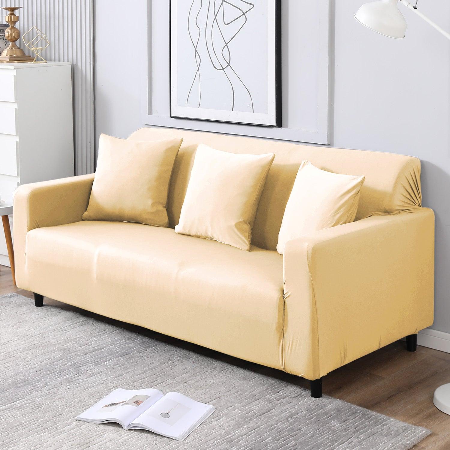 Plain beige non slip full fitted 3 seater sofa cover