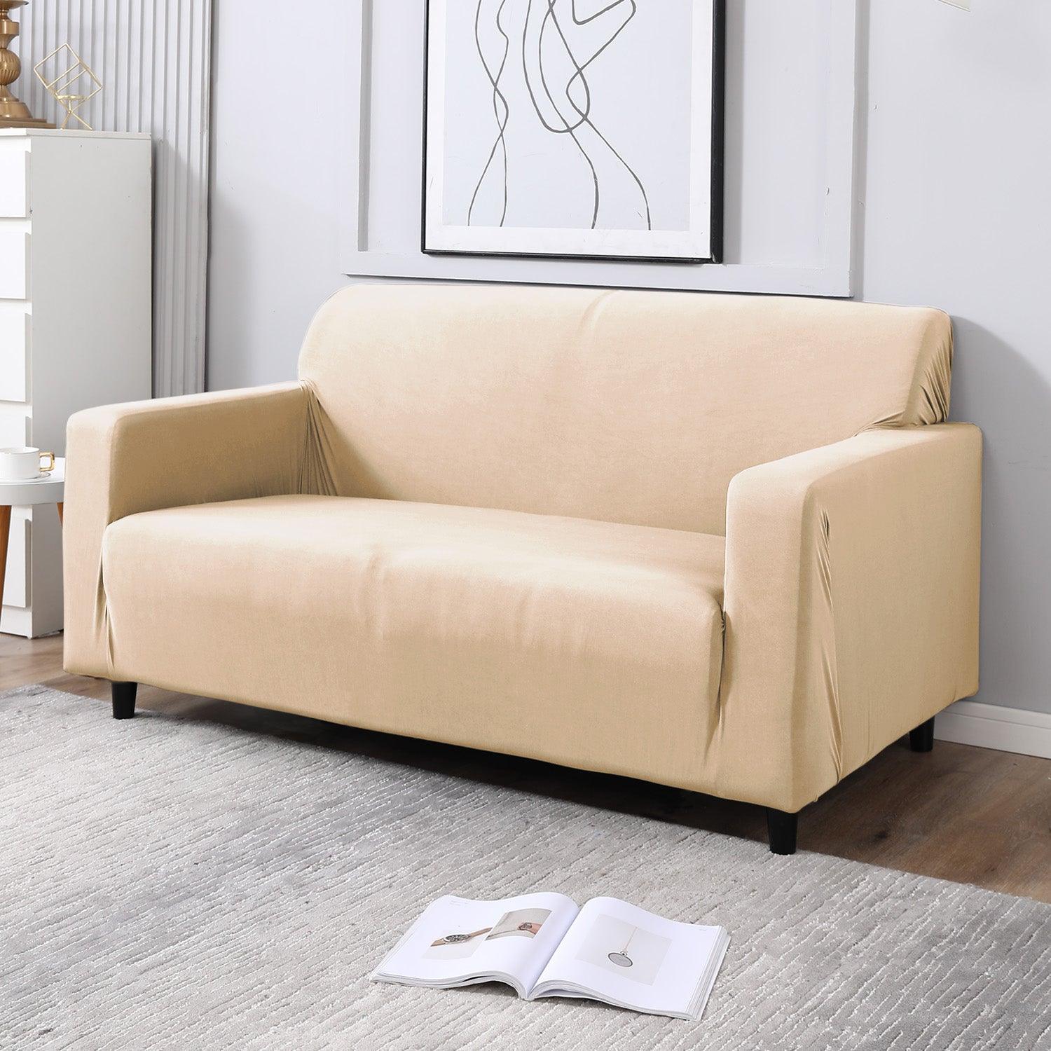 Plain beige non slip elastic 2 seater sofa cover