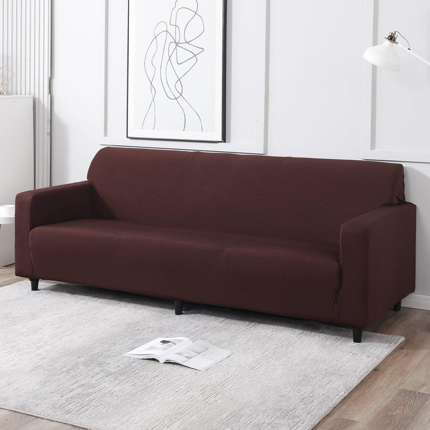 buy Plain chocolate brown non slip elastic 4 seater sofa covers